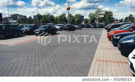 Parking lot. Car lot parking space in underground city garage. Empty road asphalt background. Ground floor for car parking. 95096013