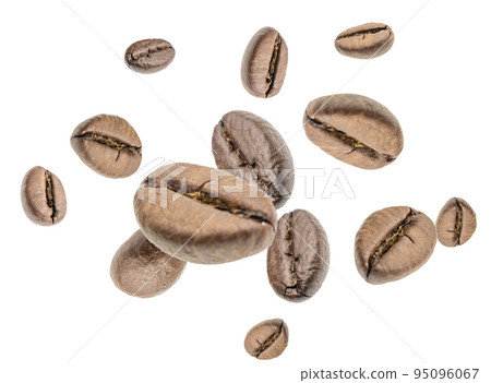 Coffee beans fall background. Black espresso coffee bean falling. Aromatic grain flying isolated on white. Concept for coffee product advertising. Coffee beans fall background. Black espresso coffee bean falling. Aromatic grain flying isolated on white. Concept for coffee product advertising. 95096067