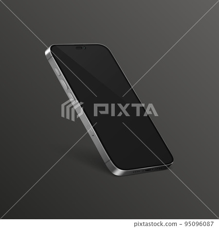 Vector 3d Realistic gray Silver Chrome Modern Smartphone Design Template with Black Screen. Mobile Phone Isolated. Telephone Device UI UX, Phone in Half Turn View Vector 3d Realistic gray Silver Chrome Modern Smartphone Design Template with Black Screen. Mobile Phone Isolated. Telephone Device UI UX, Phone in Half Turn View 95096087
