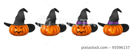 Vector Halloween Pumpkin with Witch Hat Set. Cute Jack-o-lanterns, Carved Pumpkin Face for Invitations, Cards, Packaging, Wrapping, Banners Design. 3d Realistic Pumpkins Vector Halloween Pumpkin with Witch Hat Set. Cute Jack-o-lanterns, Carved Pumpkin Face for Invitations, Cards, Packaging, Wrapping, Banners Design. 3d Realistic Pumpkins 95096137