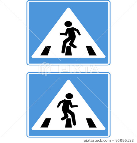 Pedestrian crossing. A man crosses the road. Road sign. Pedestrian crossing. A man crosses the road. Road sign. 95096158
