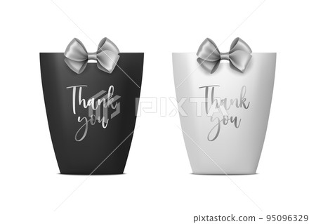 Thank You. Vector 3d Realistic Black and White Paper Gift Bag, Box for Birthday or Party with Gray Silver Bow, Ribbon. Carry Bag for Present Icon Set Isolated on White Background Thank You. Vector 3d Realistic Black and White Paper Gift Bag, Box for Birthday or Party with Gray Silver Bow, Ribbon. Carry Bag for Present Icon Set Isolated on White Background 95096329