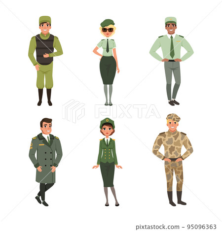 Man and Woman Standing in Military Uniform Vector Set 95096363