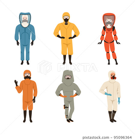Man and Woman Wearing Protective Uniform with Breathing Gas Mask Vector Set Man and Woman Wearing Protective Uniform with Breathing Gas Mask Vector Set 95096364