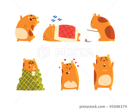 Cute Hamster as Small Pet with Cheek Pouches Engaged in Different Activity Vector Set 95096374