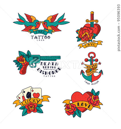 Old School Tattoo and Logo Design with Swallow, Pistol, Cards, Anchor, Heart and Red Rose Symbols Vector Set Old School Tattoo and Logo Design with Swallow, Pistol, Cards, Anchor, Heart and Red Rose Symbols Vector Set 95096393