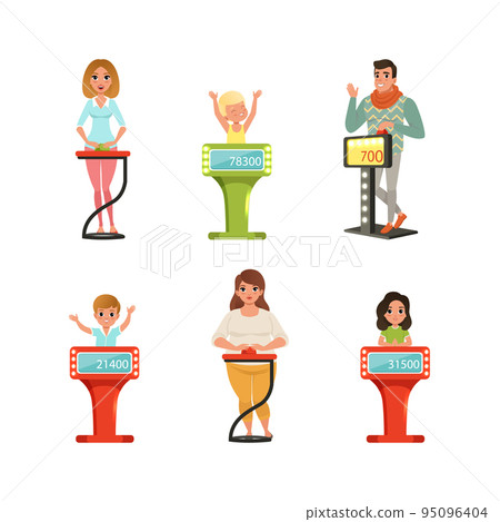 People Characters Participating in Panel Game on Television Standing In Front of Button Stand Answering Questions Vector Illustration Set People Characters Participating in Panel Game on Television Standing In Front of Button Stand Answering Questions Vector Illustration Set 95096404