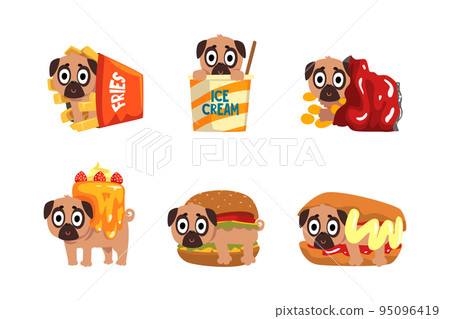 Cute Funny Pug Dog Character in Fast Food Ingredient Costume Vector Set Cute Funny Pug Dog Character in Fast Food Ingredient Costume Vector Set 95096419