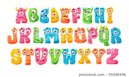 Monster Abc, Funny Halloween Kids Decorative Type Set, Cute Hairy Letters With Face Emotions, Colorful Childish Font 95096446