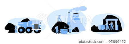 Set Coal Mining, Extraction Industry. Miner Characters Working On Quarry With Tools, Machinery Transport And Technique Set Coal Mining, Extraction Industry. Miner Characters Working On Quarry With Tools, Machinery Transport And Technique 95096452
