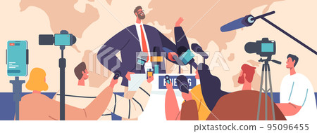 Press Conference, Briefing Concept. Man Speaking to Audience, Journalists or Press Media Workers Listen to Speaker 95096455