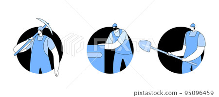 Miners at Work, Male Workers Characters Wear Uniform and Helmet Working in Coal Mine Quarry with Shovels and Pickaxes 95096459
