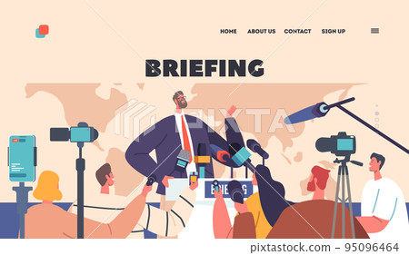 Briefing Landing Page Template. Man Speak to Audience during Press Conference, Journalists with Microphones and Cameras 95096464