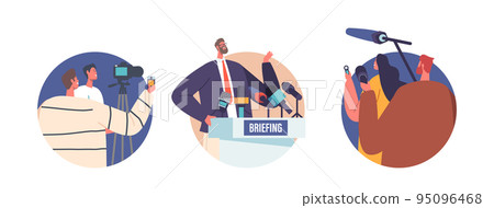Press Conference Isolated Round Icons, Avatars. Man on Tribune Speak to Audience, Journalists or Press Media Workers 95096468