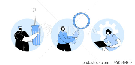 Repair Service Concept. Man Hold Huge Screwdriver, Women with Magnifier, Laptop and Gear. Fixing or Assembling Computer 95096469