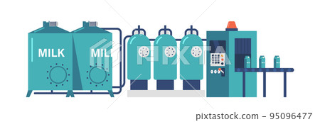 Milk Factory Conveyor With Tanks And Packages On Processing Belt. Modern Automatic Product Line, Dairy Production Milk Factory Conveyor With Tanks And Packages On Processing Belt. Modern Automatic Product Line, Dairy Production 95096477