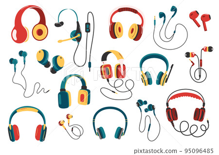 Set of Headphones, Wired and Wireless Earphones, Audio Equipment for Music Listening. Earbuds for Smartphone Isolated Set of Headphones, Wired and Wireless Earphones, Audio Equipment for Music Listening. Earbuds for Smartphone Isolated 95096485
