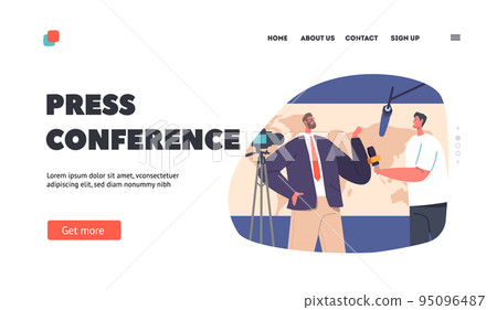 Press Conference Landing Page Template. Journalist Interviewing Politician during Briefing. Man Speak with Reporter Press Conference Landing Page Template. Journalist Interviewing Politician during Briefing. Man Speak with Reporter 95096487