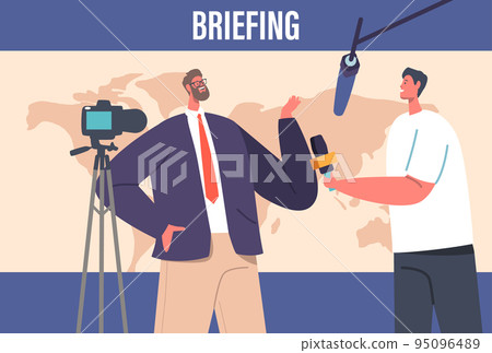 Journalist Interviewing Politician during Briefing or Press Conference. Man in Suit Speak with Reporter Hold Microphone 95096489