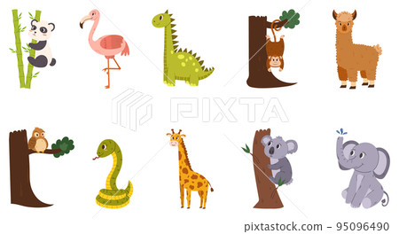Set of Cute Animals, Cartoon Funny Flamingo, Giraffe, Snake And Dino. Monkey, Owl, Panda And Llama, Koala Or Elephant Set of Cute Animals, Cartoon Funny Flamingo, Giraffe, Snake And Dino. Monkey, Owl, Panda And Llama, Koala Or Elephant 95096490