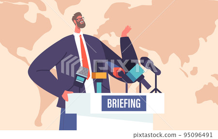 Press Conference, Briefing Concept with Politician Man Speak to Audience on Tribune with Microphones, Speaker Character Press Conference, Briefing Concept with Politician Man Speak to Audience on Tribune with Microphones, Speaker Character 95096491