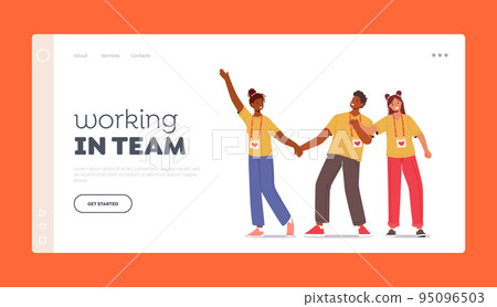 Working in Team Landing Page Template. Joyful Volunteers with Hands Up. Happy Group Of Young Male and Female Characters 95096503