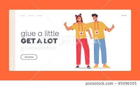 Happy Volunteers Team Landing Page Template. Characters From Social Charity Service Stand Together. Joyful Man And Woman 95096505