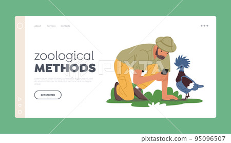 Zoological Methods Landing Page Template. Birdwatcher Male Character Watching, Learning and Photographing Birds 95096507