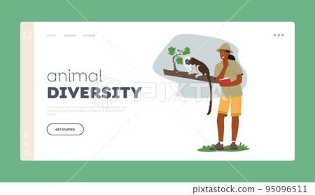 Animal Diversity Landing Page Template. Zoo Activist Character Learn Wildlife. Zoologist Study Monkey In Natural Habitat 95096511