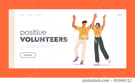 Positive Volunteers Landing Page Template. Happy Team Rejoice Together. United People From Donation Community, Charity 95096512