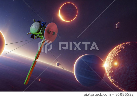 Unmanned spacecraft similar with the Cassini Huygens orbiter. Elements of this image furnished by NASA. 3D rendering. Unmanned spacecraft similar with the Cassini Huygens orbiter. Elements of this image furnished by NASA. 3D rendering. 95096552