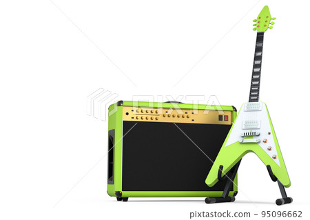 Classical amplifier with acoustic guitar on stand isolated on white background. 95096662