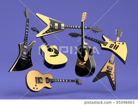 Set of electric acoustic guitars isolated on purple background. 95096665