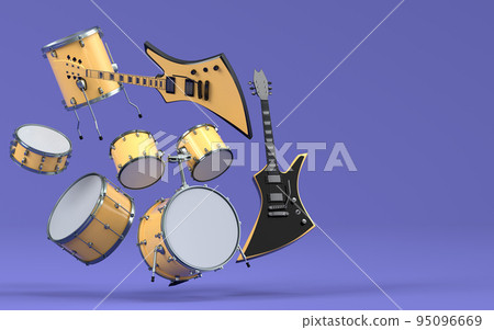 Set of electric acoustic guitars and drums with cymbals on purple background Set of electric acoustic guitars and drums with cymbals on purple background 95096669