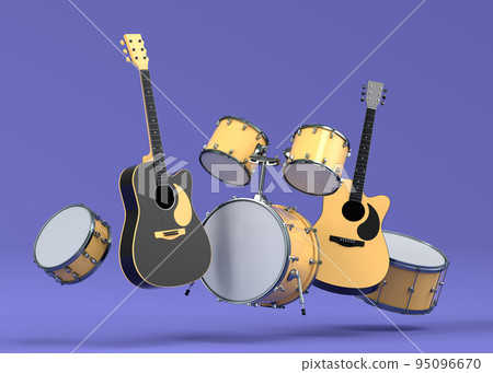 Set of electric acoustic guitars and drums with cymbals on purple background Set of electric acoustic guitars and drums with cymbals on purple background 95096670