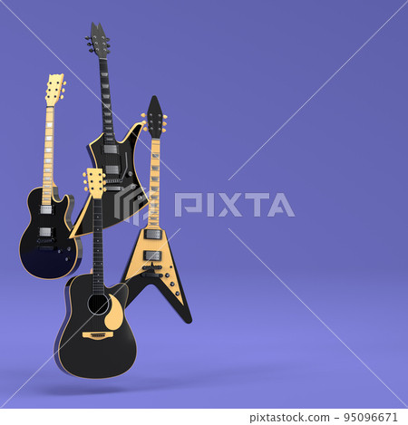 Set of electric acoustic guitars isolated on purple background. 95096671