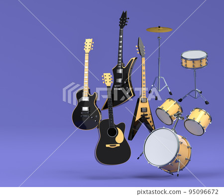 Set of electric acoustic guitars and drums with cymbals on purple background Set of electric acoustic guitars and drums with cymbals on purple background 95096672