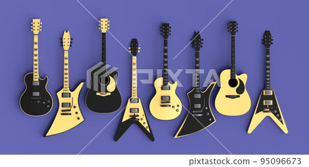 Set of electric acoustic guitars isolated on purple background. 95096673