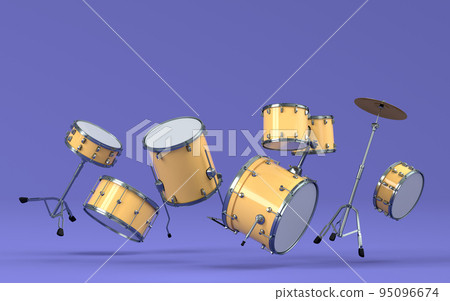 Set of drums and drumset with metal cymbals on purple background Set of drums and drumset with metal cymbals on purple background 95096674