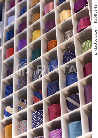 View of different colors ties in showcase. 95096848
