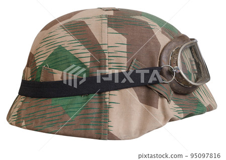 German nazi army helmet with with protective goggles and camouflage cover, type Splinter, helmet M35, M40, M42. German nazi army helmet with with protective goggles and camouflage cover, type Splinter, helmet M35, M40, M42. 95097816