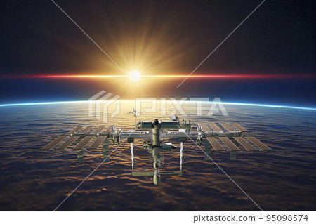 Space station and space ship in the outer space. Elements of this image furnished by NASA. 3D rendering. 95098574