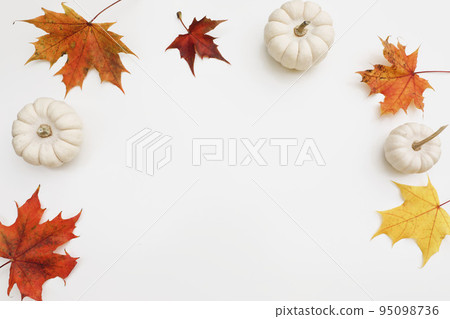 Natural autumn decorative frame. Little white pumpkins, colorful red, orange maple fall leaves isolated on white table background. Fall, Halloween. Thanksgiving design. Flat lay, top view. Copy space. 95098736
