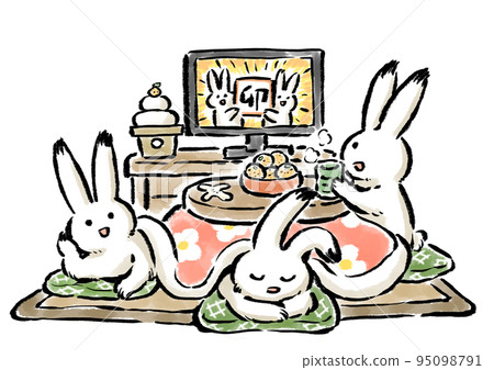 Illustration of three rabbits relaxing at the kotatsu during the New Year holidays Illustration of three rabbits relaxing at the kotatsu during the New Year holidays 95098791