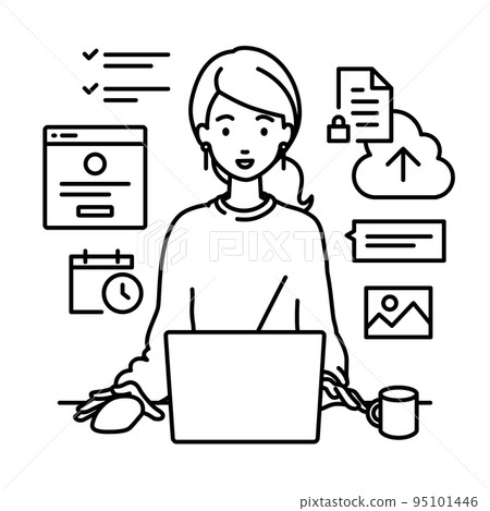 一位遠程工作的女性坐在辦公桌前,在 PC 上工作以管理項目和任務 一位遠程工作的女性坐在辦公桌前,在 PC 上工作以管理項目和任務 95101446