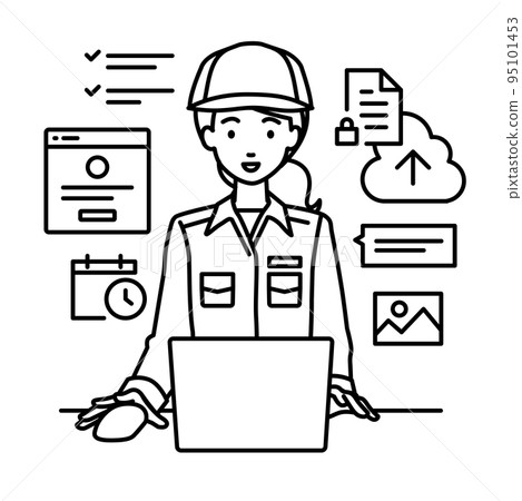 Female worker sitting at a desk and doing the job of managing projects and tasks on a PC Female worker sitting at a desk and doing the job of managing projects and tasks on a PC 95101453