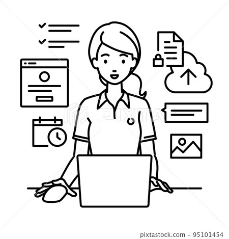 A woman in a polo shirt sitting at a desk and doing a project or task management job on her PC A woman in a polo shirt sitting at a desk and doing a project or task management job on her PC 95101454