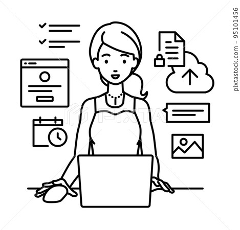 A woman in a dress sitting at a desk and doing a project or task management job on a PC A woman in a dress sitting at a desk and doing a project or task management job on a PC 95101456