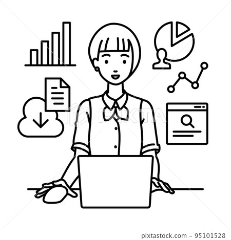 一位身穿文員制服的女士在辦公桌前的電腦前進行研究、數據分析和撰寫報告 95101528