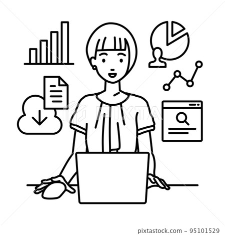 一位休閒的辦公室女性在辦公桌前的電腦前做研究、數據分析和寫報告 一位休閒的辦公室女性在辦公桌前的電腦前做研究、數據分析和寫報告 95101529